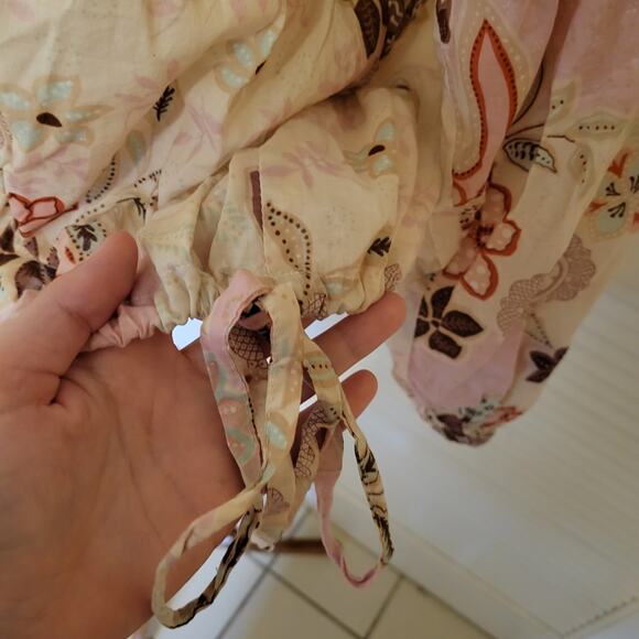 grizzly 90s Boho Floral Cotton Tunic Top Puff Sleeve Tie Hem Large - Picture 9 of 9